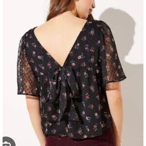 LOFT Black Floral Chiffon Tie Front‎ Flutter Sleeve Blouse Womens M whimsygoth